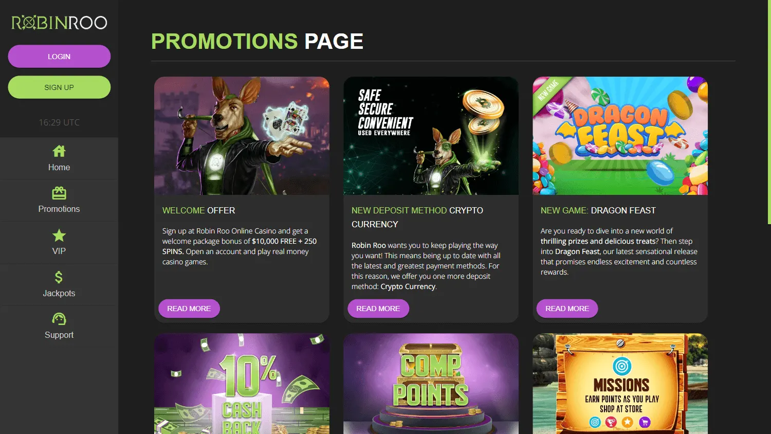 Robinroo Casino desktop promotions area