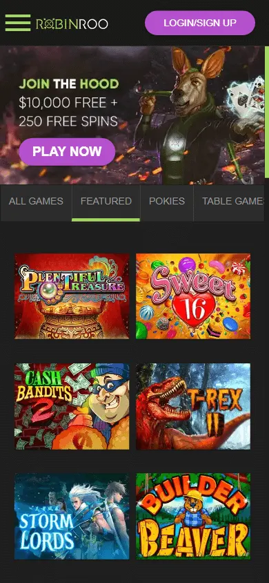 Robinroo Casino mobile casino lobby