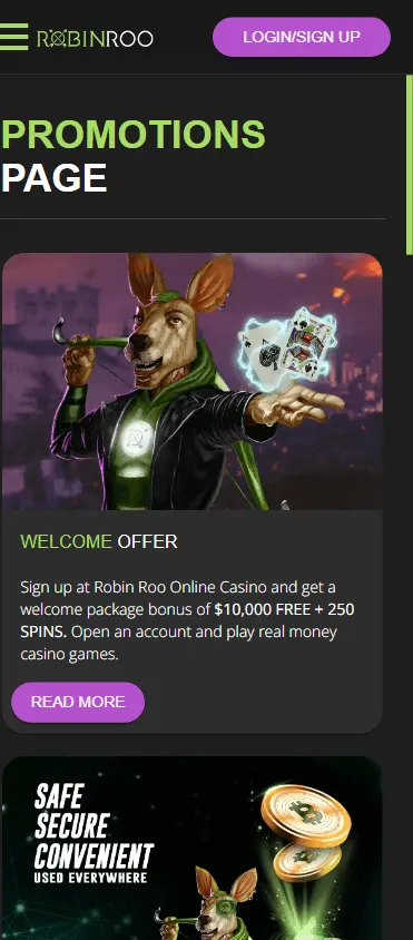 Robinroo Casino mobile promotions area